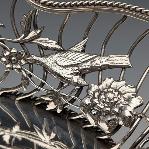 1907年 英国アンティーク 花鳥装飾 純銀製ボウルディッシュ 378g William Comyns